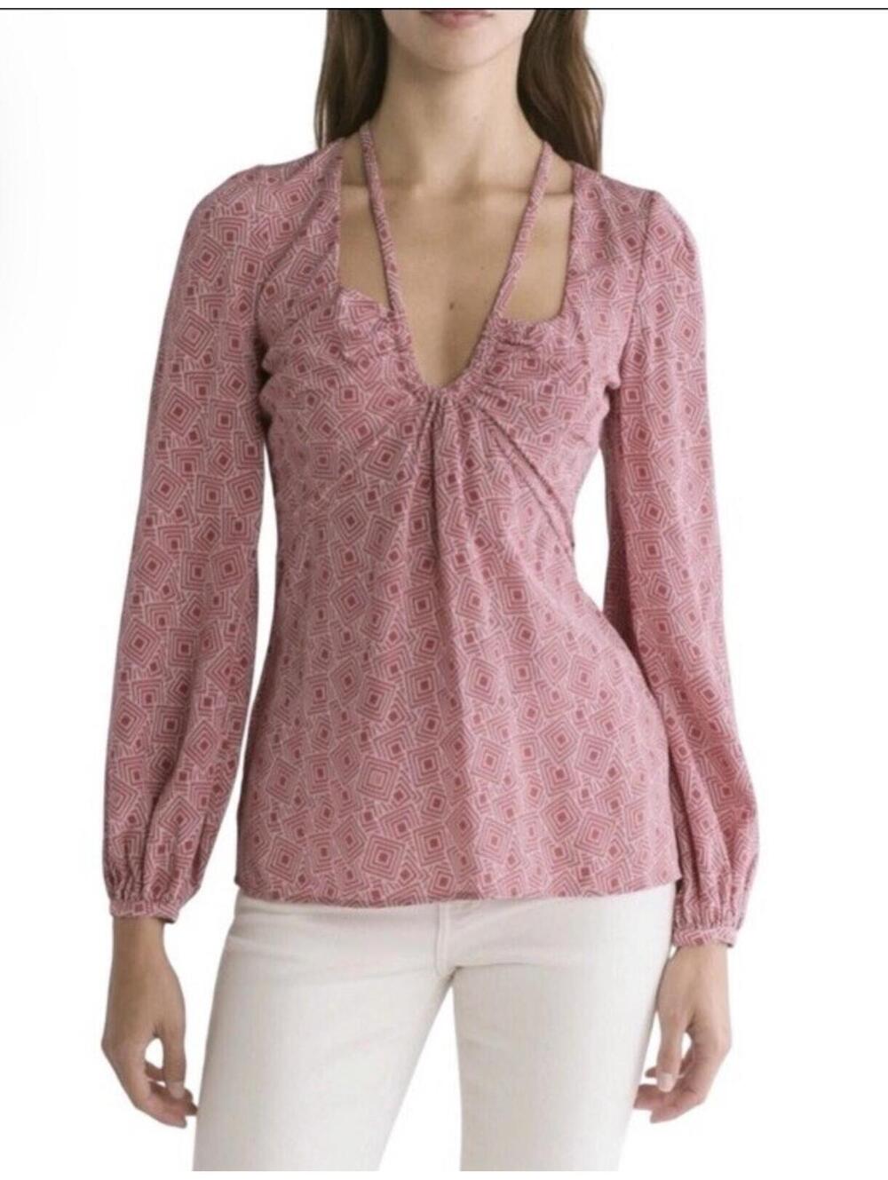 New EQUIPMENT Silk Arden Geo Print Long Sleeve Top In Maroon Size 4 $375